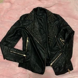 Black Leather Jacket with Gold Studs